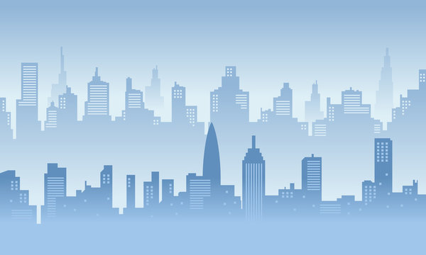 Blue city silhoette background with beautiful sky