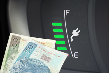 Ein Elektroauto, Ladeanzeige und Geld Polnische Zloty PLN