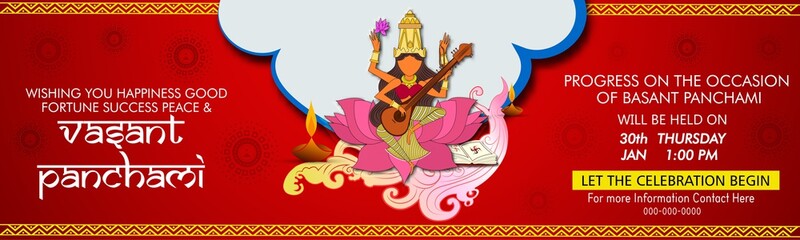 Happy Vasant Panchami Background. Illustration of Goddess Saraswati for celebration, India festival background with hindi text meaning vasant panchami