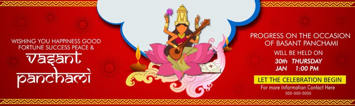 Happy Vasant Panchami Background. Illustration of Goddess Saraswati for celebration, India festival background with hindi text meaning vasant panchami