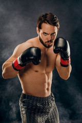 Obraz na płótnie Canvas shirtless boxer with gloves on dark background in smoke