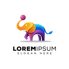 Colorful elephant playing ball logo illustration vector template