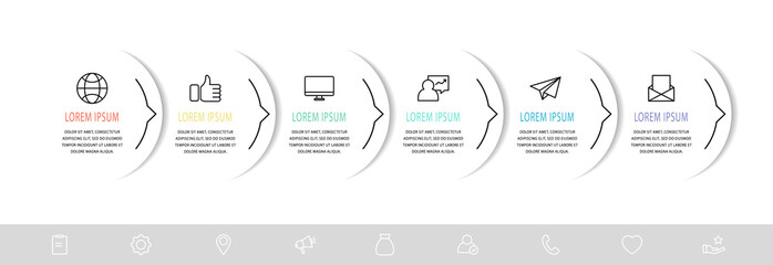 Vector infograph flat template. Shape with six for four diagrams, graph, flowchart, step for step, timeline, presentation. Business concept with 6 labels