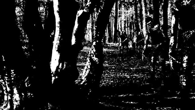 Animation of walking zombie in the wood in cartoon style black & white