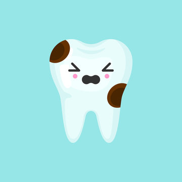 Caries tooth with emotional face, cute colorful vector icon illustration. Cartoon flat isolated image
