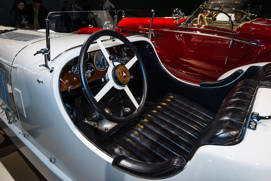 STUTTGART, GERMANY- MARCH 19, 2016: Cabin of a sports car Mercedes-Benz 27/170/225 PS SSK (Super-Sport-Kurz (DE) - Super Sport Short (EN)), 1928. Mercedes-Benz Museum.