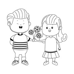 happy boy giving flowers a girl, flat design