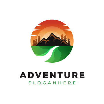 Green landscape adventure mountain logo design vector template