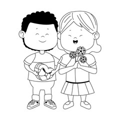 cartoon happy couple with flowers and chocolate box, flat design