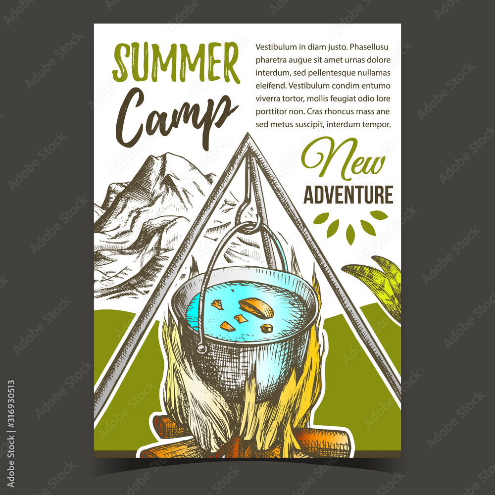 Sticker Summer Camp Adventure Advertising Banner Vector. Cooking In Cauldron On Burning Tree Timbers Flame Camp. Cook Soup Touristic Dinner. Hand Drawn In Retro Style Colorful Illustration