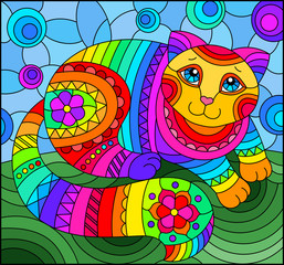 Illustration in stained glass style with abstract cute rainbow cat on a blue background