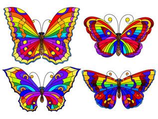 Set of bright abstract rainbow butterflies in stained glass style, isolated on white background
