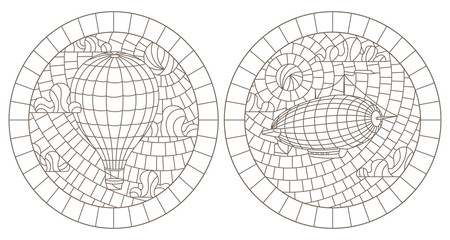 Set of contour stained glass illustrations with aerial landscape, dirigible and balloon on a sky background, oval images in frame
