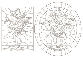 Set of contour illustrations of stained glass Windows with still lifes, vases with rose flowers, dark outlines on a white background