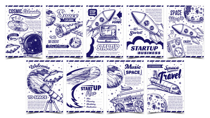 Business Startup And Space Music Banner Set Vector. Different Collection Of Creative Business Advertising Posters. Rocket And Shuttle, Satellite And Ufo, Dynamic And Telescope Monochrome Illustrations