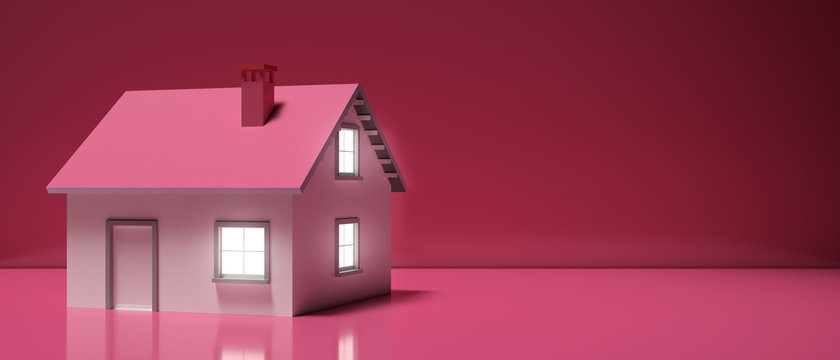 House miniature illuminated against pink background. 3d illustration