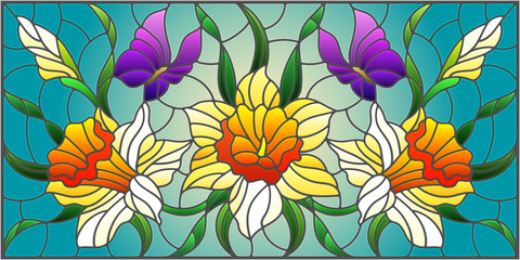 Illustration in stained glass style with a bouquet of yellow daffodils and purple butterflies on a blue background