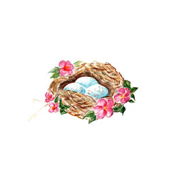 A nest with eggs decorated with flowers. Isolated on a white background. Easter watercolor illustration.
