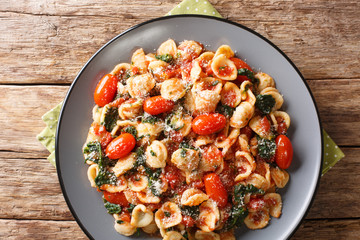 Portion of orecchiette pasta with spinach in tomato sauce sprinkled with parmesan closeup in a...