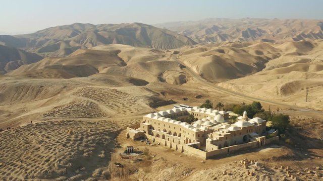 Nabi Musa (Prophet Moses) burial site in Judean desert, Israel, 4k aerial
