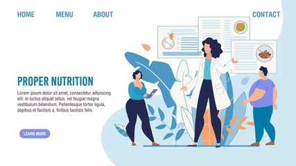 Proper Nutrition Selection. Cartoon Fat People and Nutritionist Dieting Expert. Personal Balanced Food Menu for Weight Lost. Flat Landing Page. Obesity and Healthcare. Vector Illustration