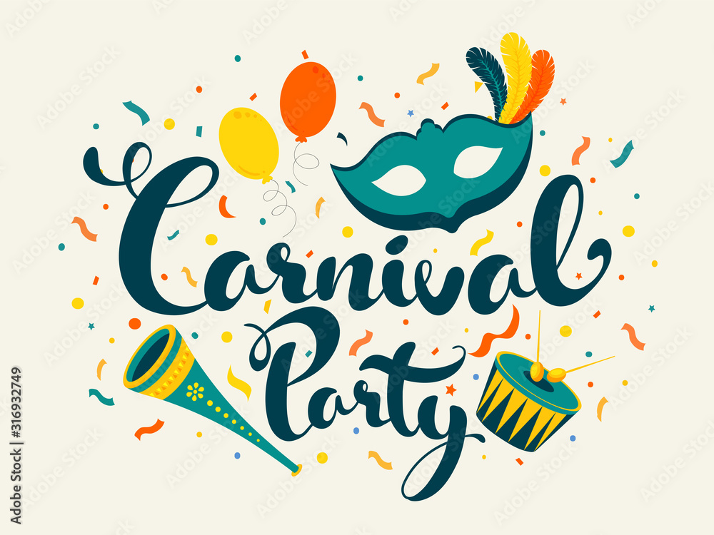 Wall mural carnival party font with mask, balloons, music instruments and confetti decorated on white backgroun