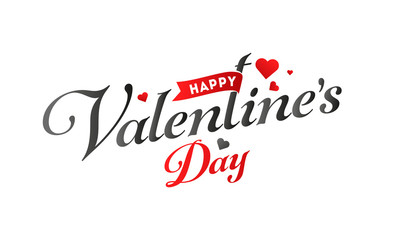 Calligraphy Happy Valentine's Day Text in Black and Red Color with Hearts on White Background.