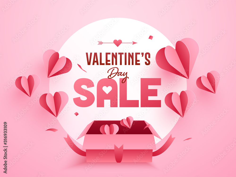 Sticker valentine's day sale poster design with open gift box and paper cut hearts decorated on pink backgro