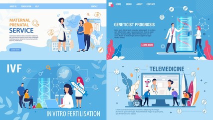 Woman In Vitro Fertilization, Maternal Prenatal Service, Genetics Prognosis, Telemedicine Landing Page Set. Medicare, Healthcare. Help in Impregnation and Pregnancy. Vector Flat Illustration