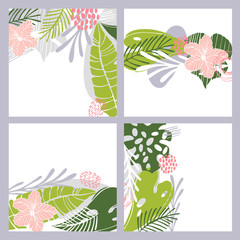 Set of 4 vector  backgrounds with tropical leaves and flowers. Sketch illustration.
