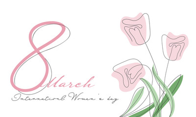 8 March Text with Doodle Style Tulip Flowers on White Background for International Women's Day.