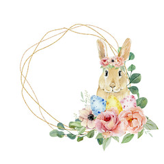 Watercolor Happy Easter egg with botanical flowers wreath. Cute Easter illustration for greating card, banner, party card, postcard. Animal baby. - 316933711