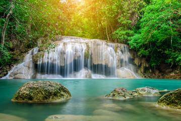 Waterfall in Tropical forest at Erawan waterfall National Park, Thailand