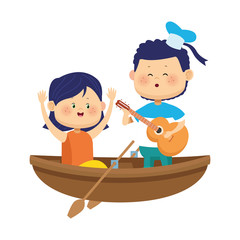 happy girl and boy singing in wooden canoe, colorful design