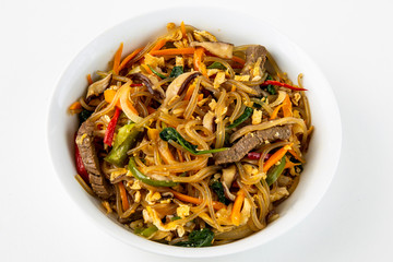 Stir fried Korean glass noodle with soy sauce called Japchae