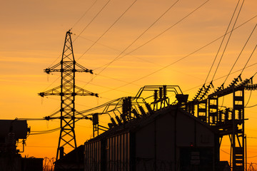 electrical substation at sunset.