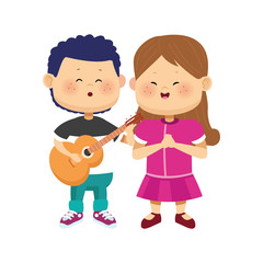 cute boy and girl standing with guitar, colorful design