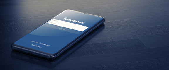 KYIV, UKRAINE-JANUARY, 2021: Facebook on Smart Phone Screen. Social Media are Most Popular Tool for Communication Sharing Information and Content Between People in Internet. 3D Render.