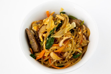 Stir fried Korean glass noodle with soy sauce called Japchae