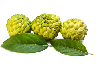 Fototapeta premium Sugar apple or custard apple with green leaf isolated on white background