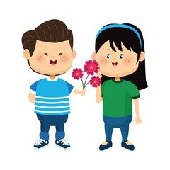 happy boy giving flowers a girl, colorful design