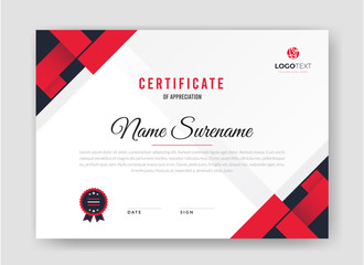 Creative Modern certificate template design vector with red and white color suitable for appreciation, diploma or award. Creative certificate of appreciation award template with red shapes and badge