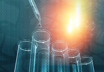 Laboratory equipment in science research lab. blue scientific background. 3d illustration
