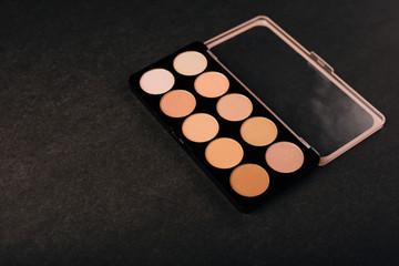 Palette of correctors for the face. Professional makeup. Shades of beige. Makeup artist tool