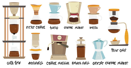 Set of 10 coffee makers for alternative methods of brewing. Coffee culture. Aeropress, hario, pour over, geyser coffee maker, cold brew, french press, kalita, filter coffee, coffee machine.