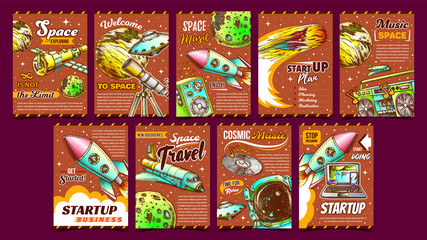 Business Startup And Space Music Banner Set Vector. Different Collection Of Creative Business Advertising Posters. Rocket And Shuttle, Satellite And Ufo, Dynamic And Telescope. Designed Illustrations