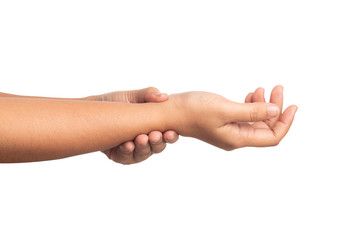 Close up women using hand touching a wrist isolate on white background.