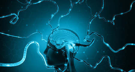 Human brain with active neuron cell. 3d illustration.