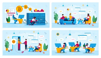 Freelance Work, Startup Team, Bitcoin trading business, Trendy Flat Vector Concepts Set. Mining Farm Owner, Programmers Gathering at Home, Freelancer Ordering Pizza, Developers Team Illustration