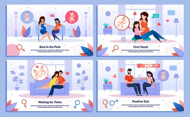 Fototapeta na wymiar Happy Pregnancy, Pregnant Woman Maternity, Family Relations Trendy Flat Vector Banner, Poster Set. Woman Meeting Friend, Talking with Eldest Kid, Telling Husband About Her Pregnancy Illustration